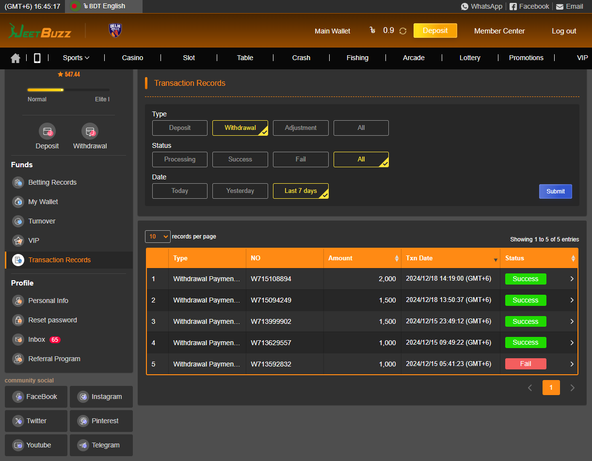 My JeetBuzz account transaction records