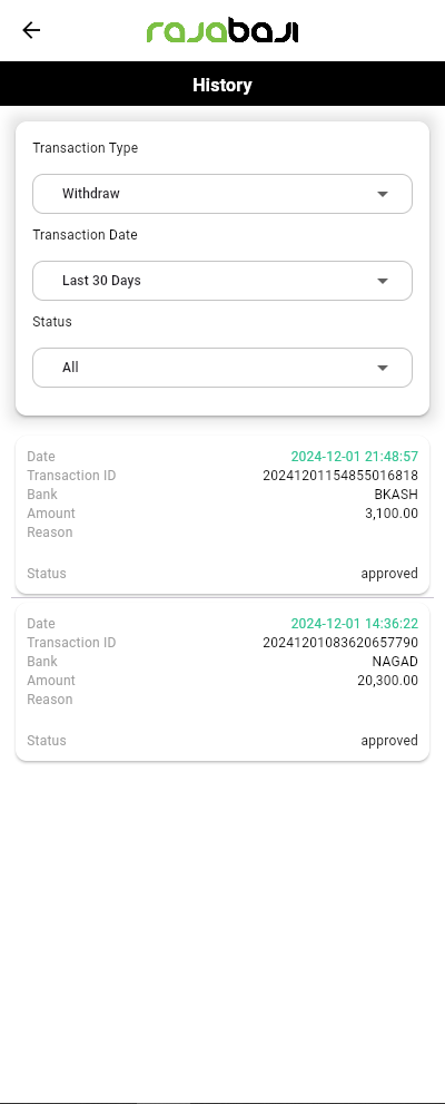 My RajaBaji Account Withdrawal History